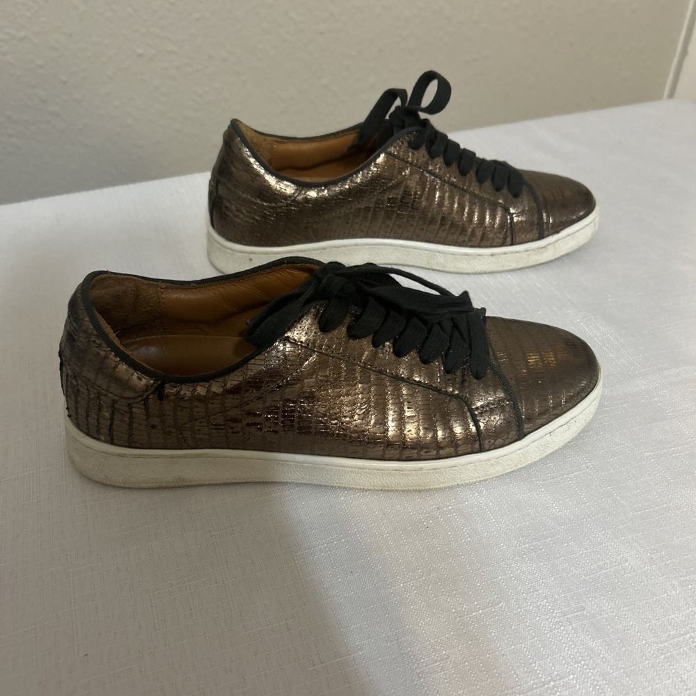Frye Alexis Shoes Womens 6.5 Bronze Gold Leather Lizard Low Top Lace‎ Up Sneaker